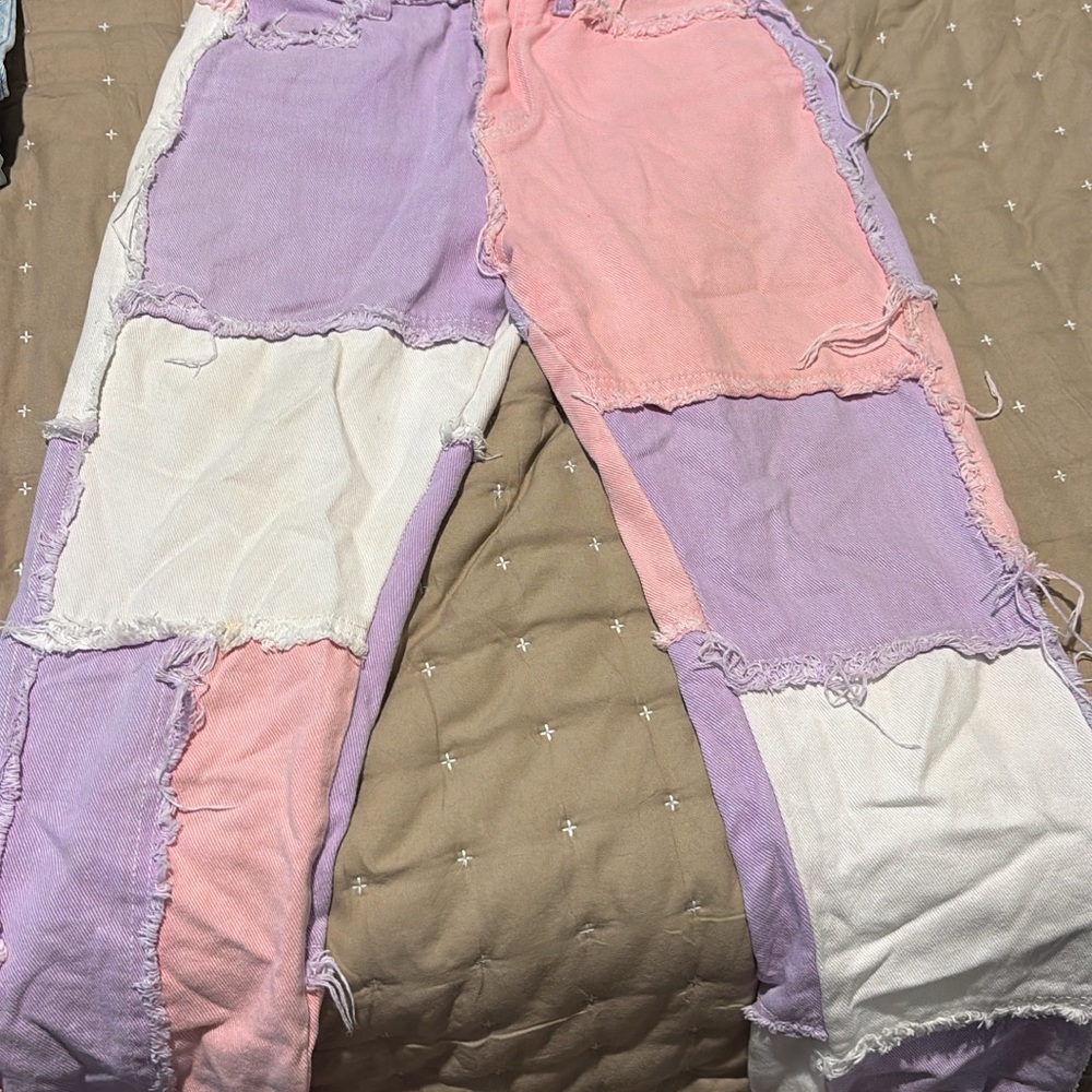 Patchwork Pants - Pink, Purple, and White